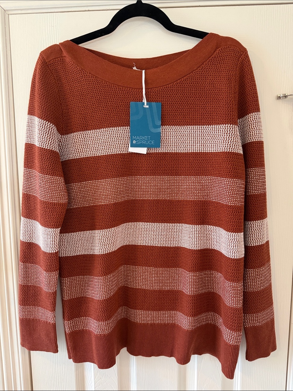 Market & Spruce Rust and Cream Striped Boatneck Sweater